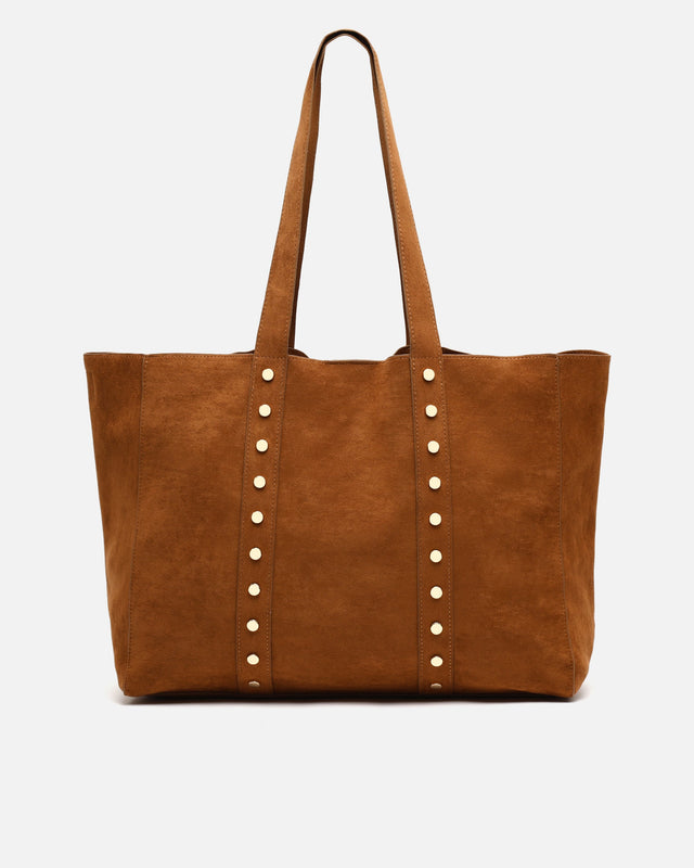 Junichi-1 Große Shopper-Tasche in Wildlederoptik mit herausnehmbarem Kulturbeutel und Metallverzierungen