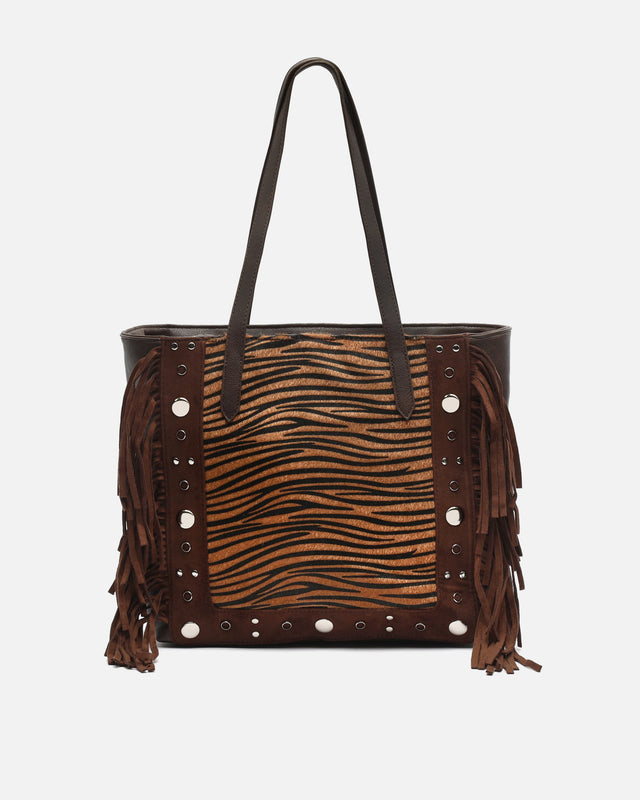 Catrinas-1 grand sac shopper imprimé animalier avec détails métalliques et franges 