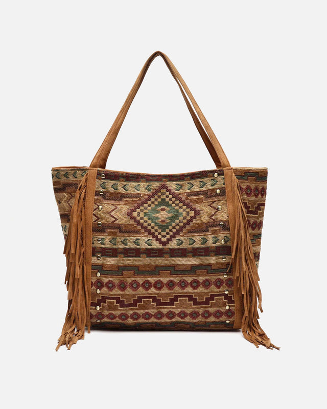 Jovana grand sac shopper en jacquard avec franges et détails métalliques