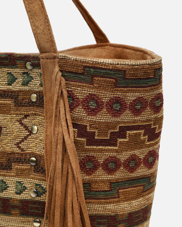 Jovana bolso shopper grande jacquard con flecos y detalles metálicos 