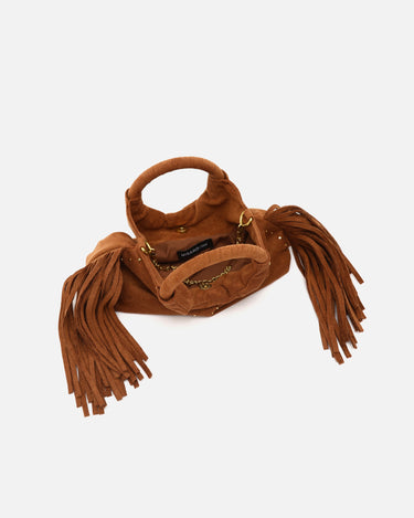 Seysy bolso de fiesta mini efecto ante con flecos y detalles metálicos e bandolera extraíble