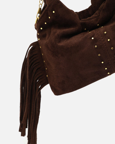 Seysy bolso de fiesta mini efecto ante con flecos y detalles metálicos e bandolera extraíble