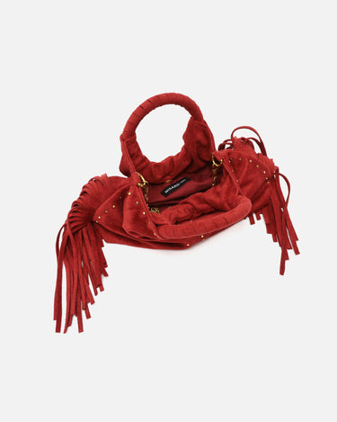 Seysy bolso de fiesta mini efecto ante con flecos y detalles metálicos e bandolera extraíble