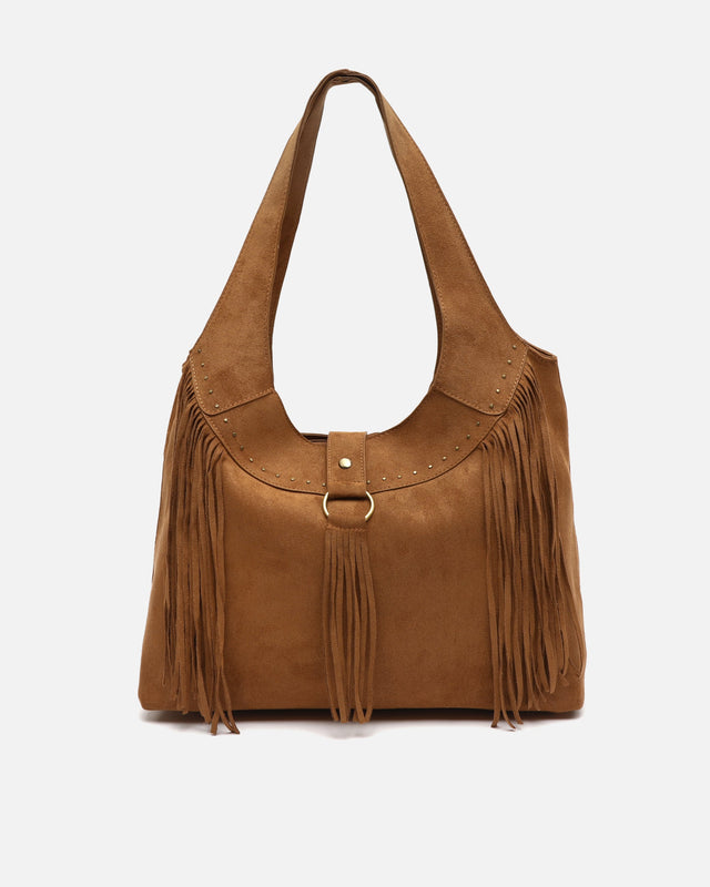 Seysino large suede-effect shoulder bag with fringes and metal details