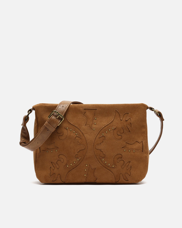 Bolsa a tiracolo Dobli com efeito de camurça e detalhes metálicos
