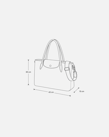 Bolso Teme dibujo técnico 3D con medidas 30 x 43 x 15 cm